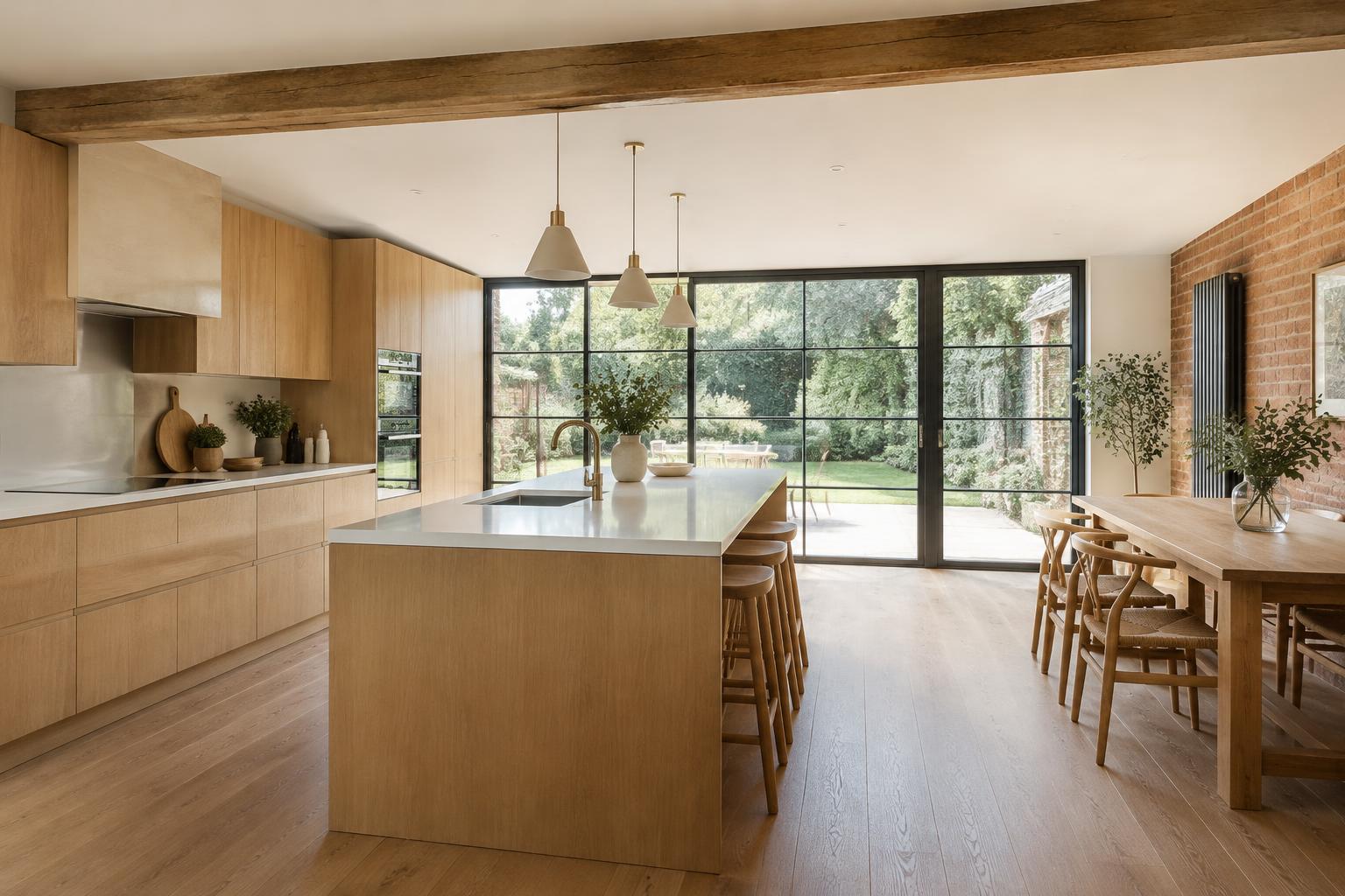 Illustrative light-filled renovated kitchen with oak cabinetry